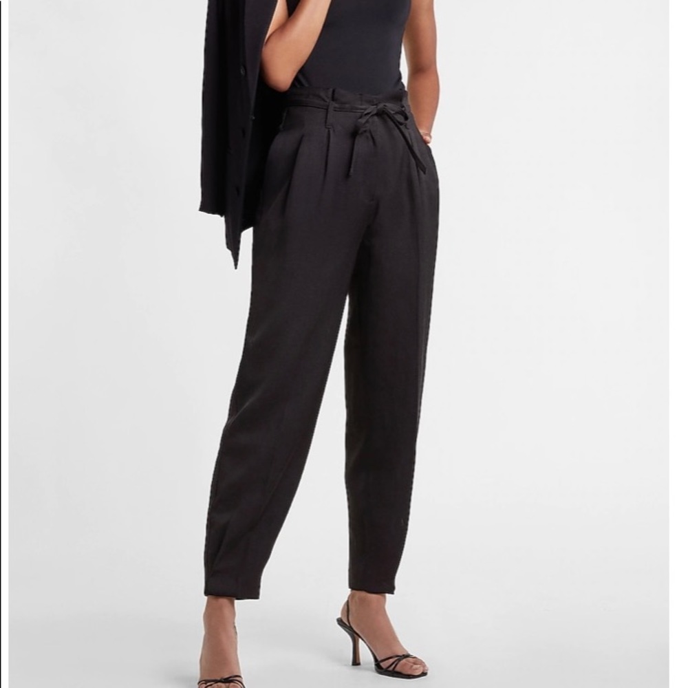 Black High Waisted Linen Blend Paperbag Ankle Pant